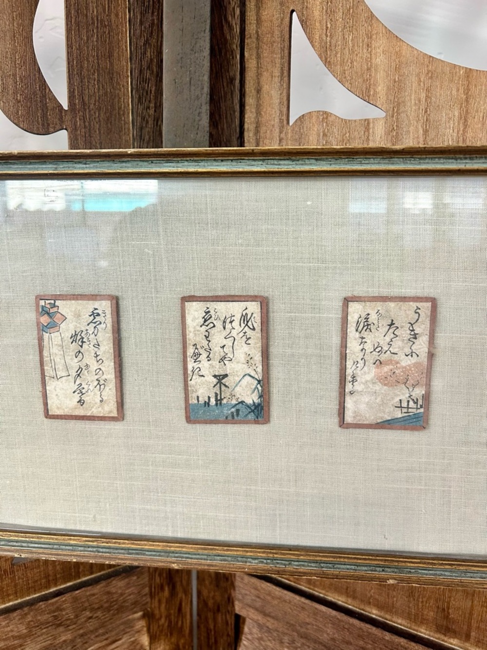 Vintage Japanese Woodblock Prints Framed Set Ukiyo-e Calligraphy Triptych